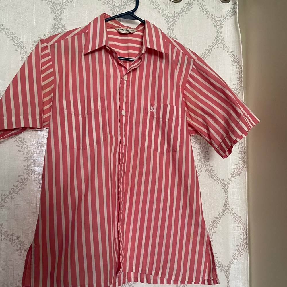 Tori Richard Hokulele Coral and Cream Striped Button-Down Shirt